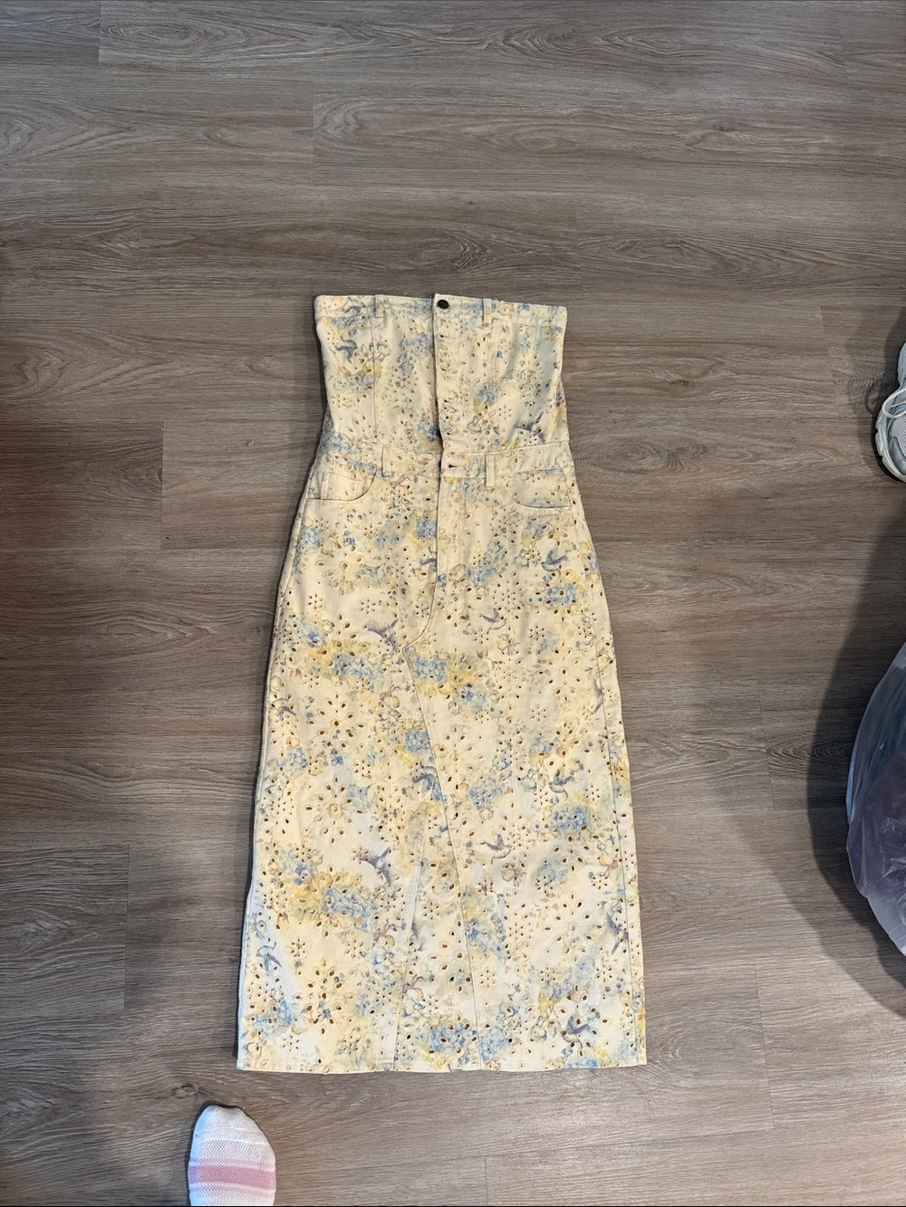 Strapless Yellow Floral Eyelet Midi Dress